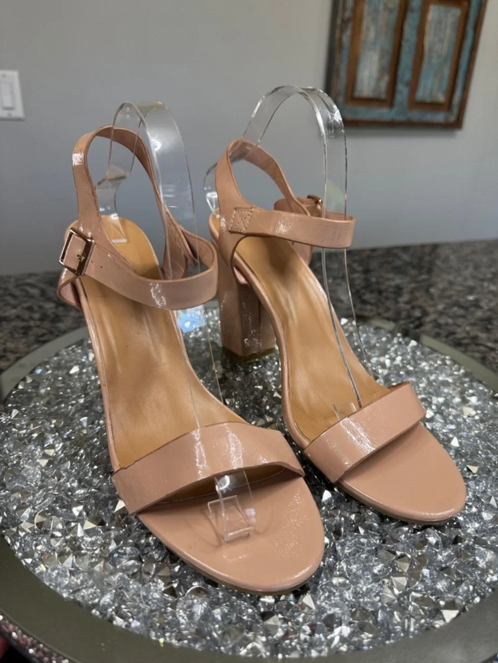 BAMBOO Nude Patent Block Heel Sandals 11
